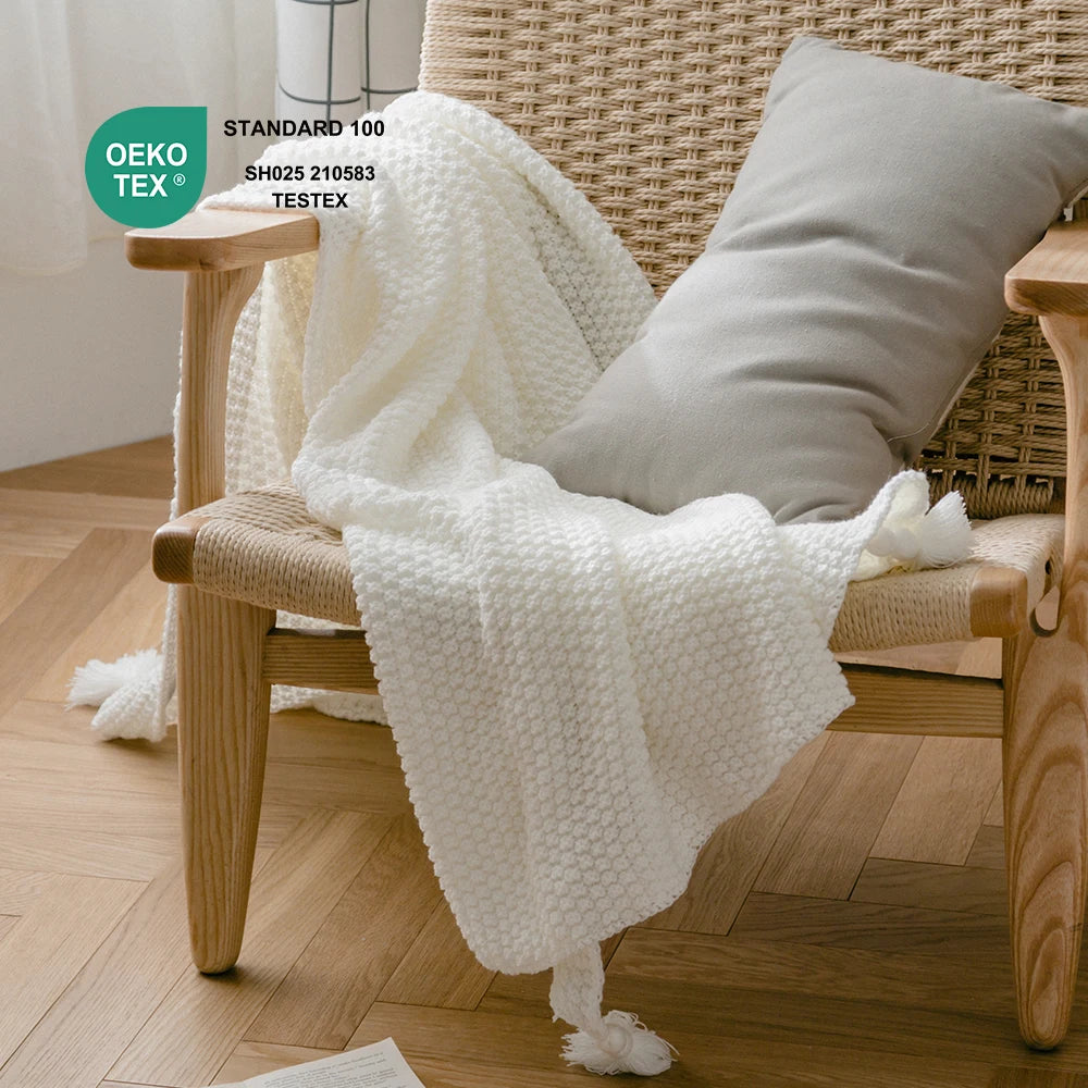 Hot Sale Solid Elegant Custom Tassels Knitted Throw Blankets for Home