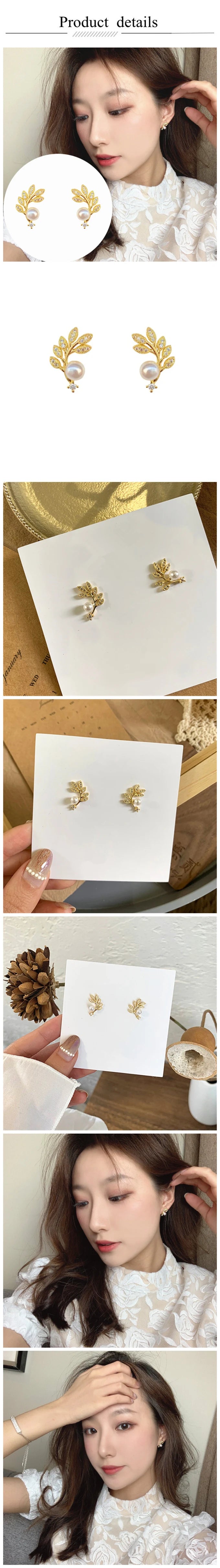 Crystal Leaf Pearl Stud Earrings