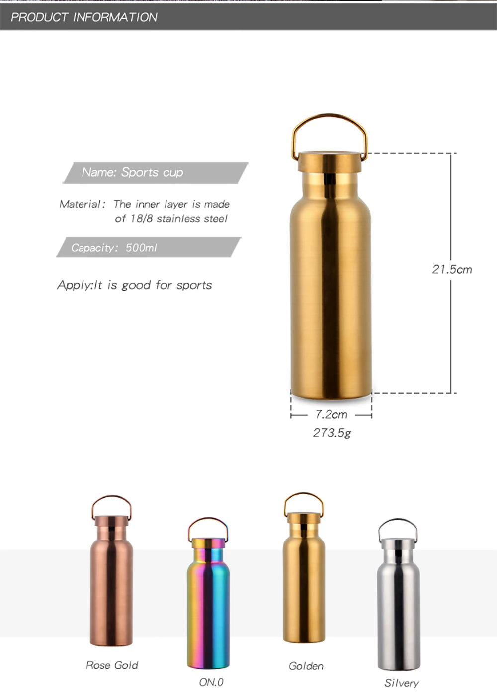 500ML Stainless Steel Insulated Water Bottle For Tour Outdoor Sport School Keep Cool Gym Water Bottle High Quality Drinkware