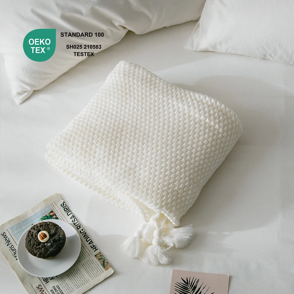 Hot Sale Solid Elegant Custom Tassels Knitted Throw Blankets for Home