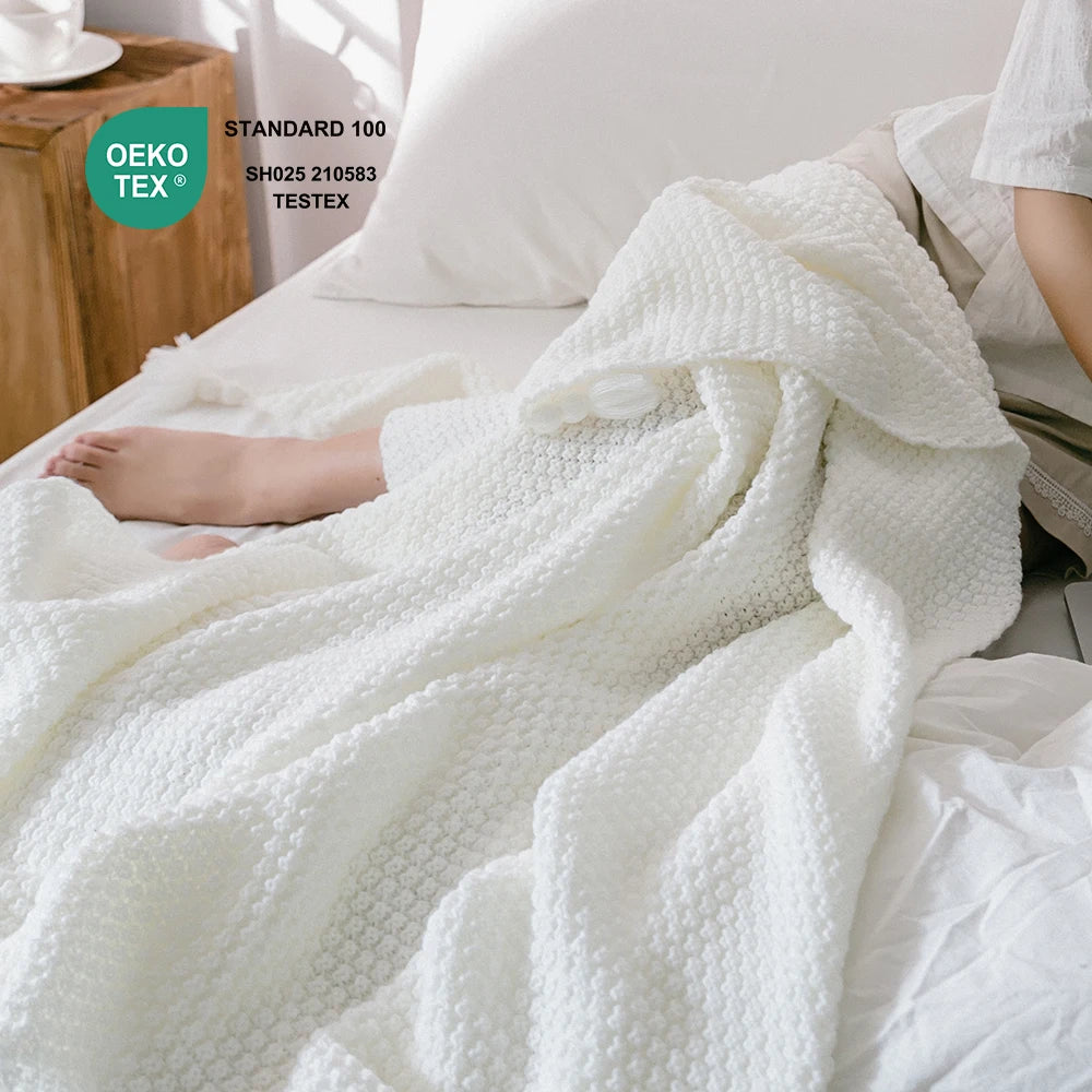 Hot Sale Solid Elegant Custom Tassels Knitted Throw Blankets for Home