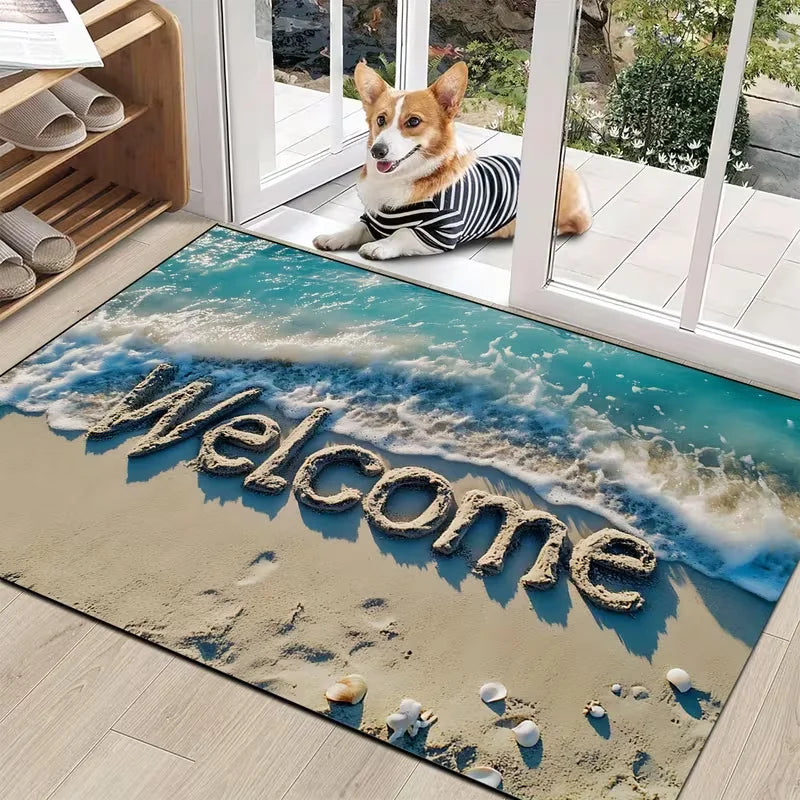 Summer Beach Decorative Welcome Doormat Beach Ocean Starfish Anti-Slip Entrance Door Mat Back Floor Mat for Home Room Decoration