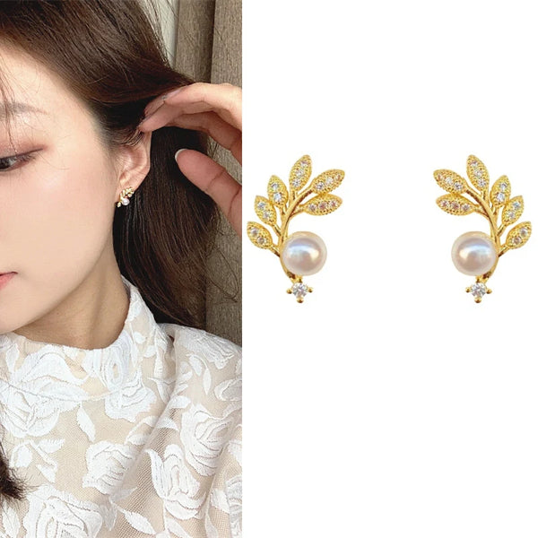 Crystal Leaf Pearl Stud Earrings