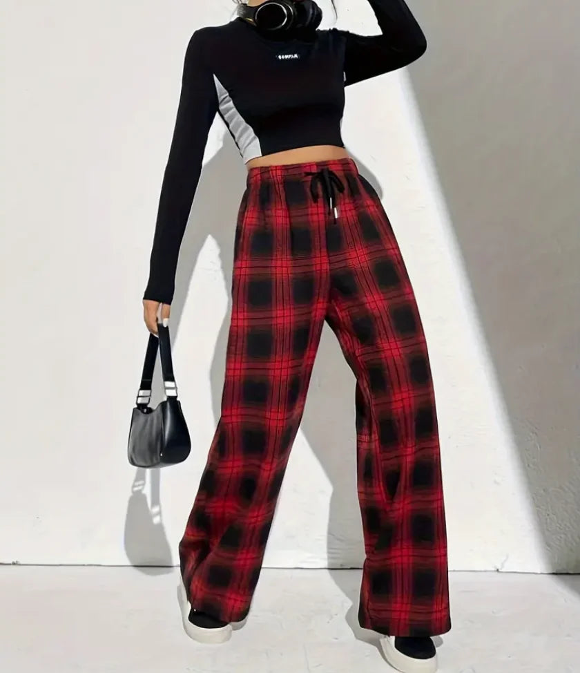 Plaid Drawstring Wide Leg Pants for Women