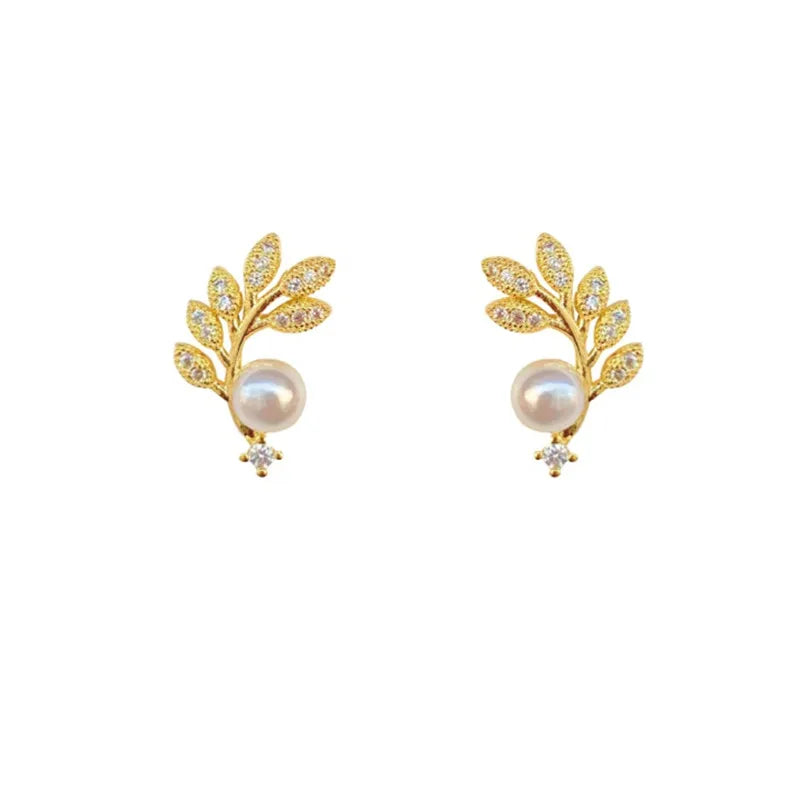 Crystal Leaf Pearl Stud Earrings