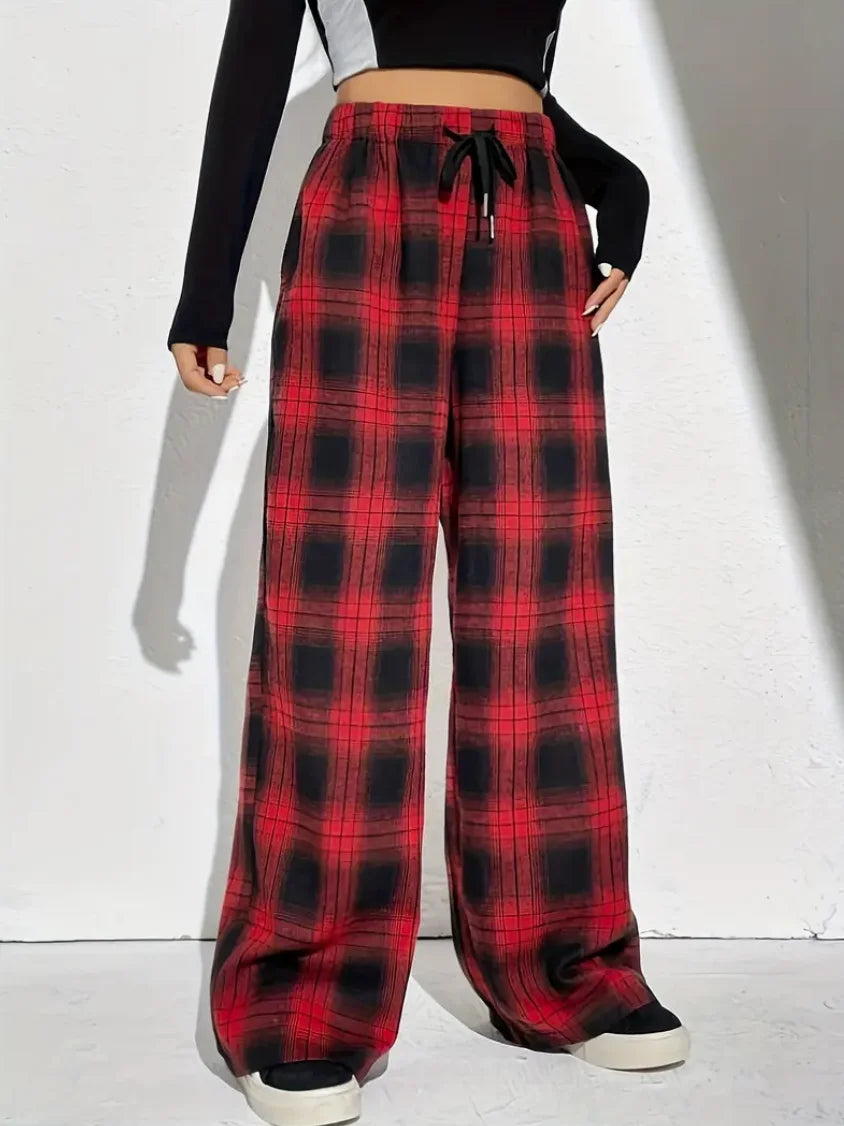 Plaid Drawstring Wide Leg Pants for Women