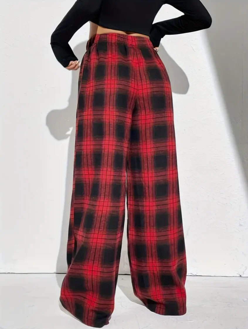 Plaid Drawstring Wide Leg Pants for Women