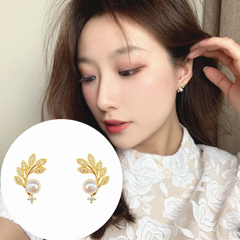 Crystal Leaf Pearl Stud Earrings