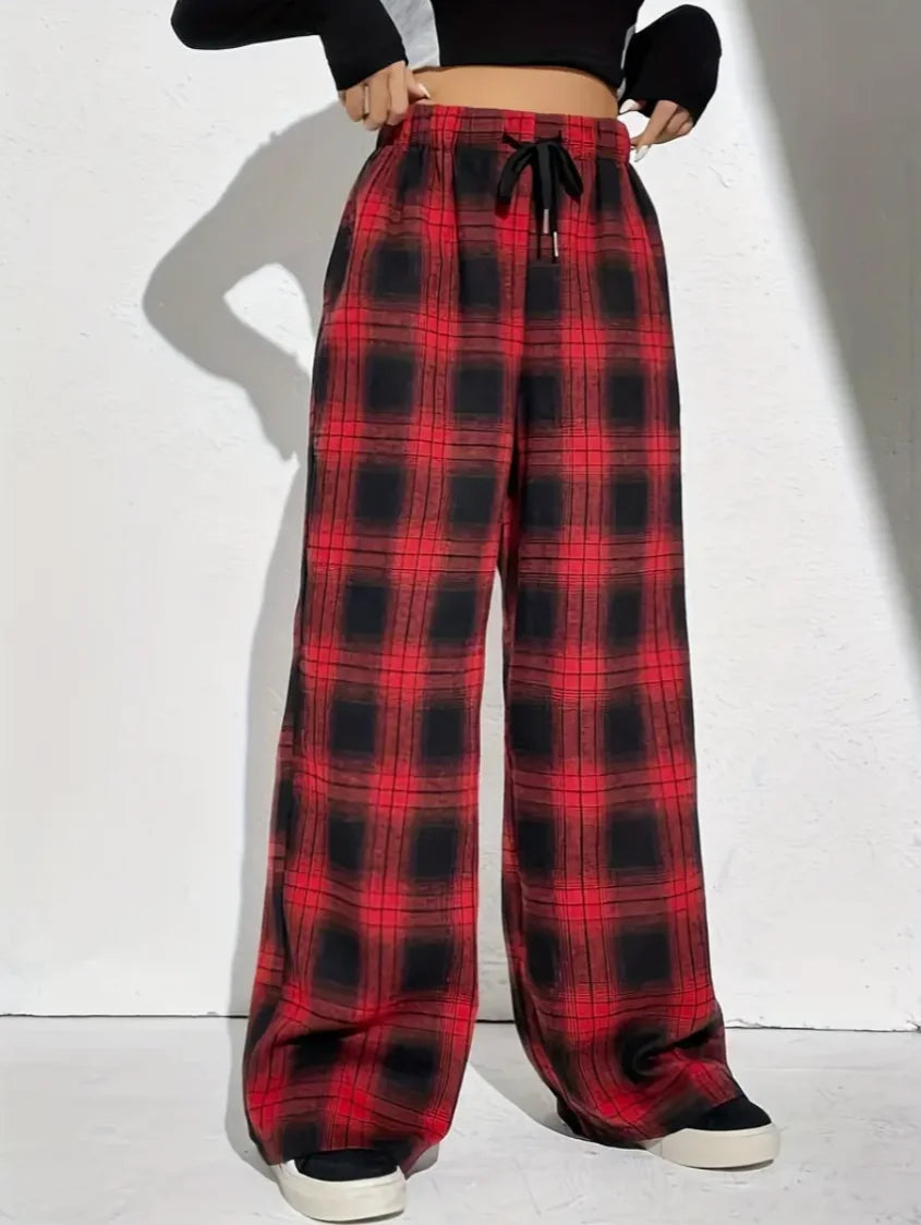 Plaid Drawstring Wide Leg Pants for Women
