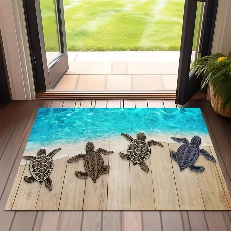 Summer Beach Decorative Welcome Doormat Beach Ocean Starfish Anti-Slip Entrance Door Mat Back Floor Mat for Home Room Decoration