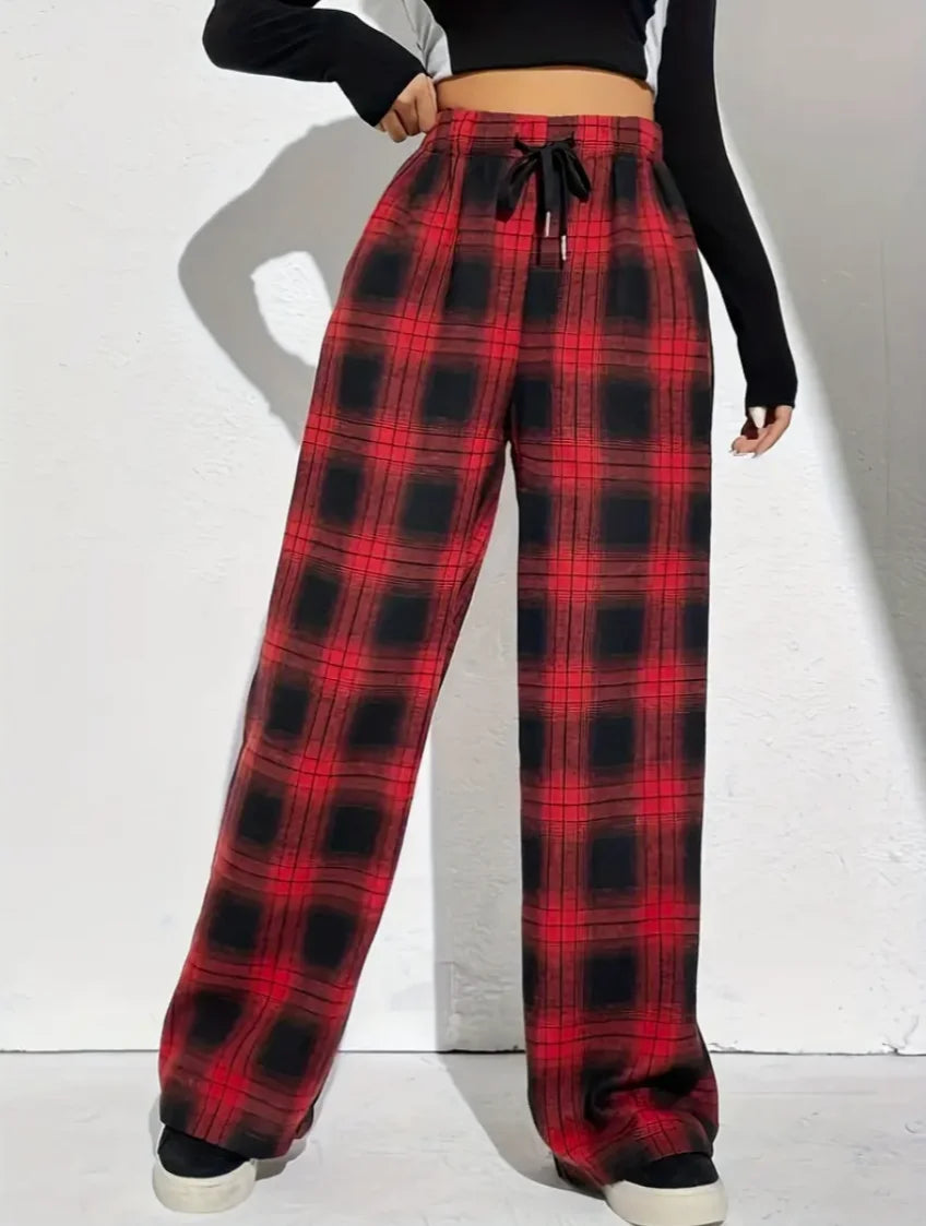 Plaid Drawstring Wide Leg Pants for Women