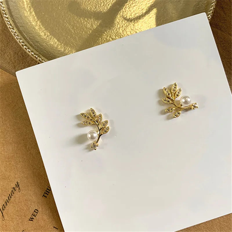 Crystal Leaf Pearl Stud Earrings