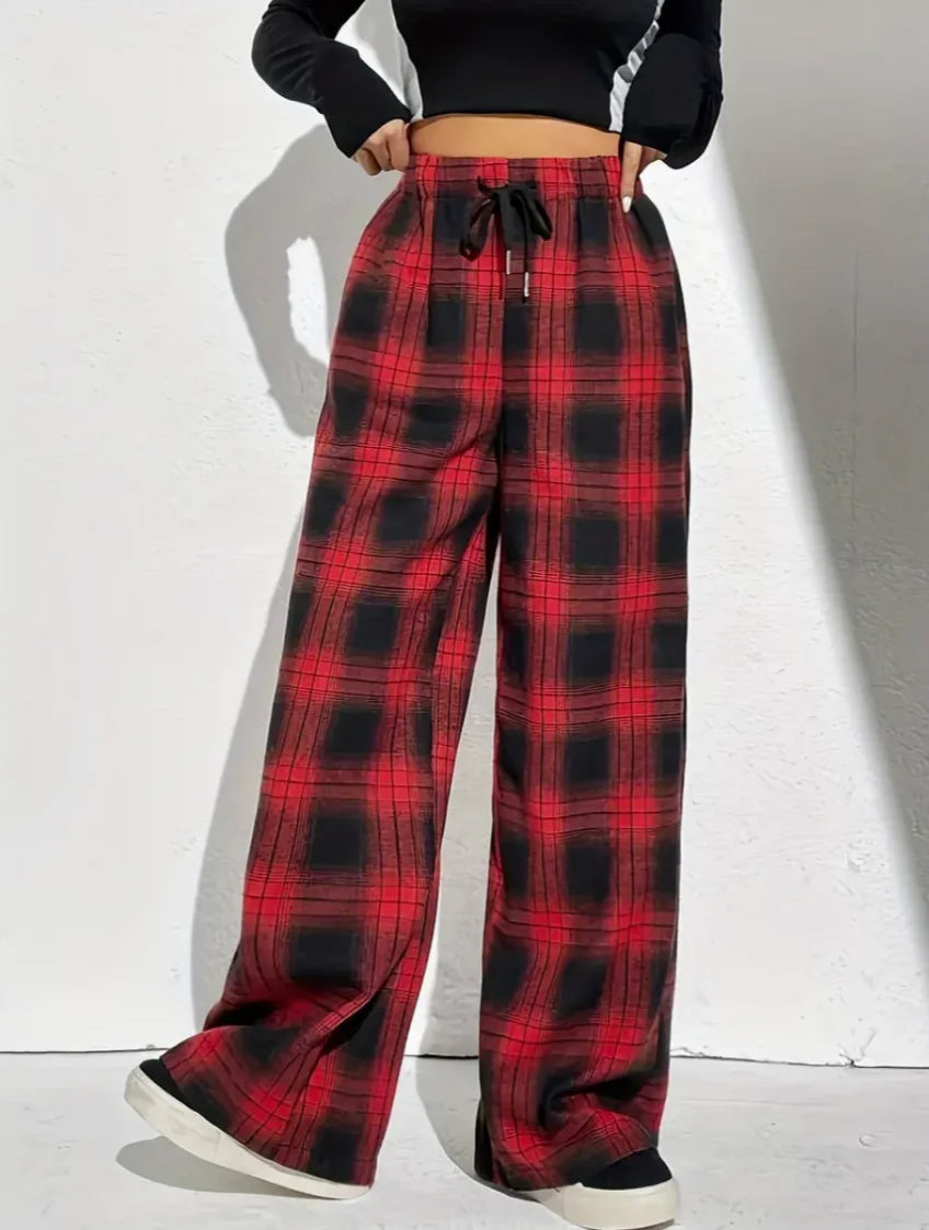 Plaid Drawstring Wide Leg Pants for Women