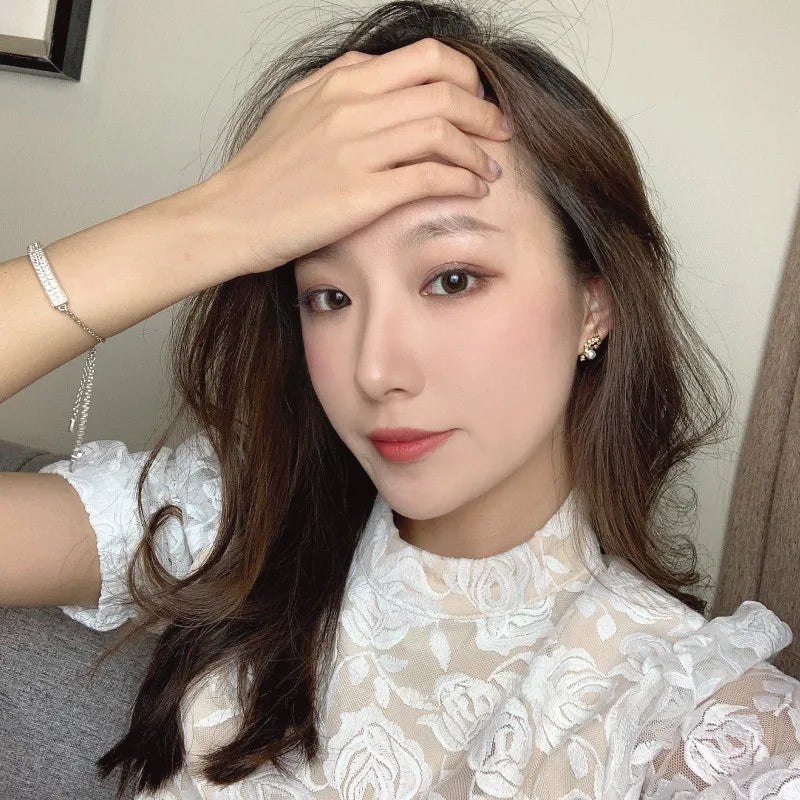 Crystal Leaf Pearl Stud Earrings