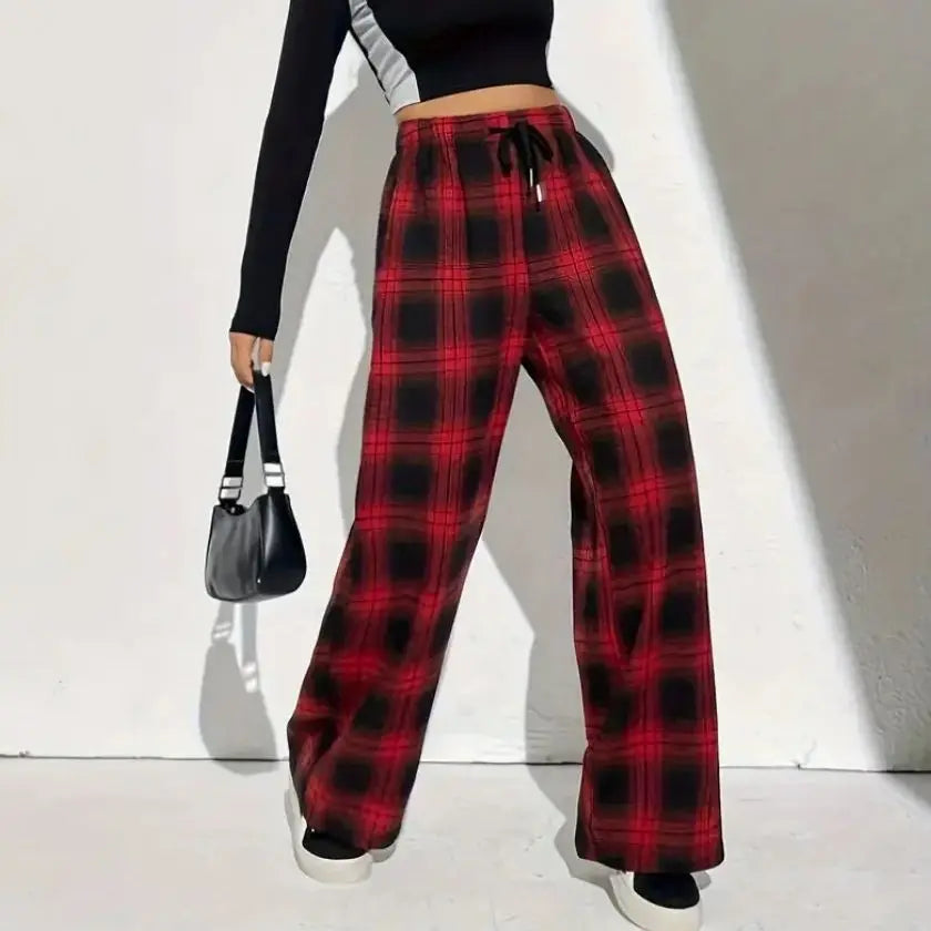 Plaid Drawstring Wide Leg Pants for Women