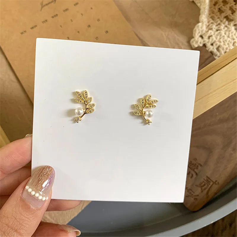 Crystal Leaf Pearl Stud Earrings